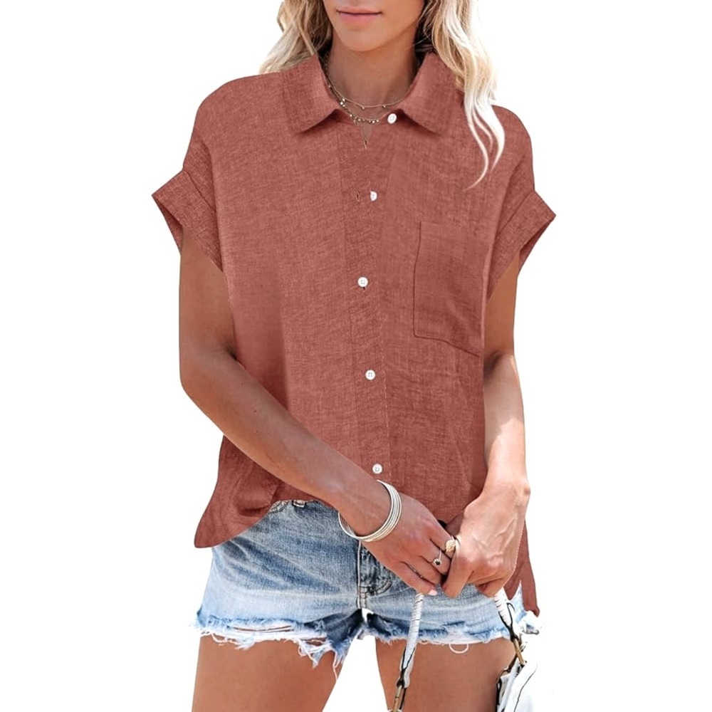 Japna Cap Sleeve Tank Top Button Up Warm Brown Loose Fit Front Tie Women Size M